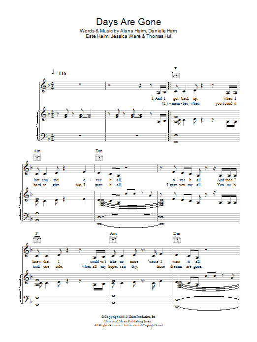 Download Haim Days Are Gone Sheet Music and learn how to play Piano, Vocal & Guitar (Right-Hand Melody) PDF digital score in minutes