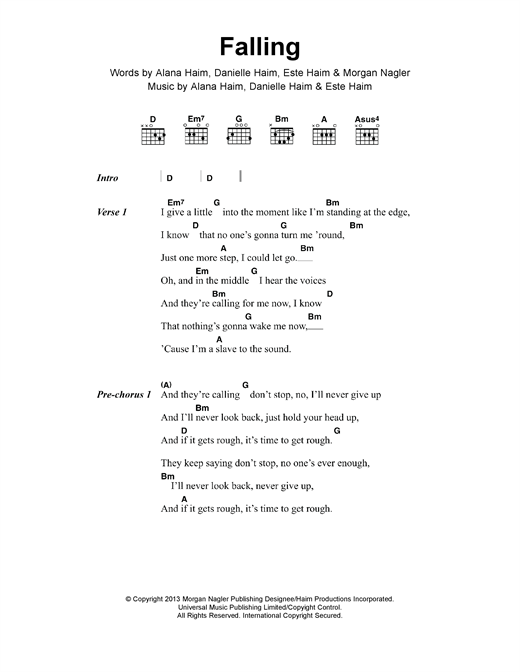 Download Haim Falling Sheet Music and learn how to play Piano, Vocal & Guitar (Right-Hand Melody) PDF digital score in minutes