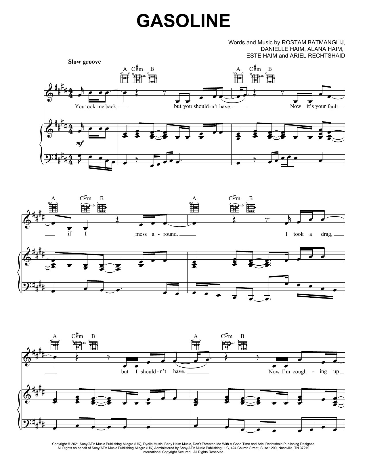 Download Haim Gasoline (feat. Taylor Swift) Sheet Music and learn how to play Piano, Vocal & Guitar Chords (Right-Hand Melody) PDF digital score in minutes