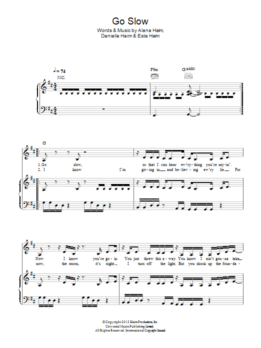 Download Haim Go Slow Sheet Music and learn how to play Piano, Vocal & Guitar (Right-Hand Melody) PDF digital score in minutes