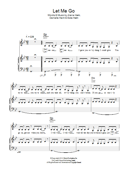 Download Haim Let Me Go Sheet Music and learn how to play Piano, Vocal & Guitar (Right-Hand Melody) PDF digital score in minutes
