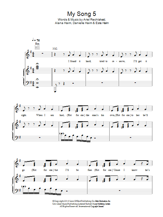 Download Haim My Song 5 Sheet Music and learn how to play Piano, Vocal & Guitar (Right-Hand Melody) PDF digital score in minutes