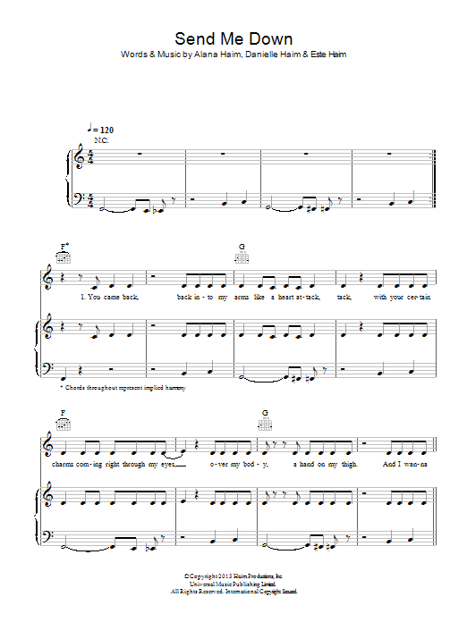 Download Haim Send Me Down Sheet Music and learn how to play Piano, Vocal & Guitar (Right-Hand Melody) PDF digital score in minutes