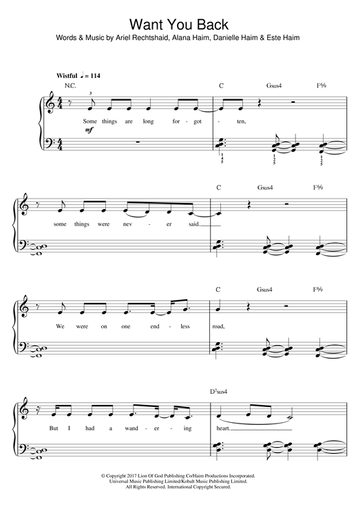 Download Haim Want You Back Sheet Music and learn how to play Beginner Piano PDF digital score in minutes