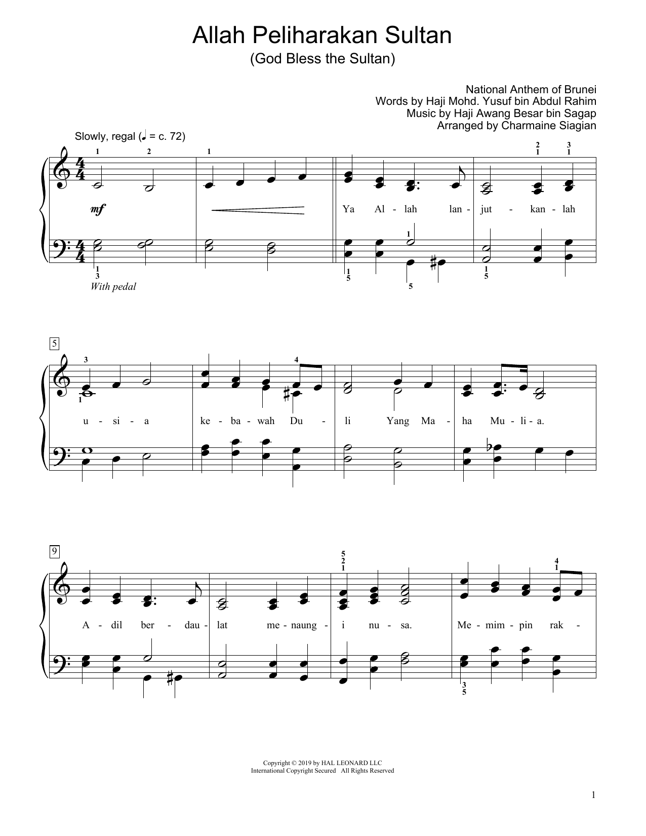 Download Haji Awang bin Sagap God Bless The Sultan (Allah Peliharakan Sultan) (arr. Charmaine Siagian) Sheet Music and learn how to play Educational Piano PDF digital score in minutes