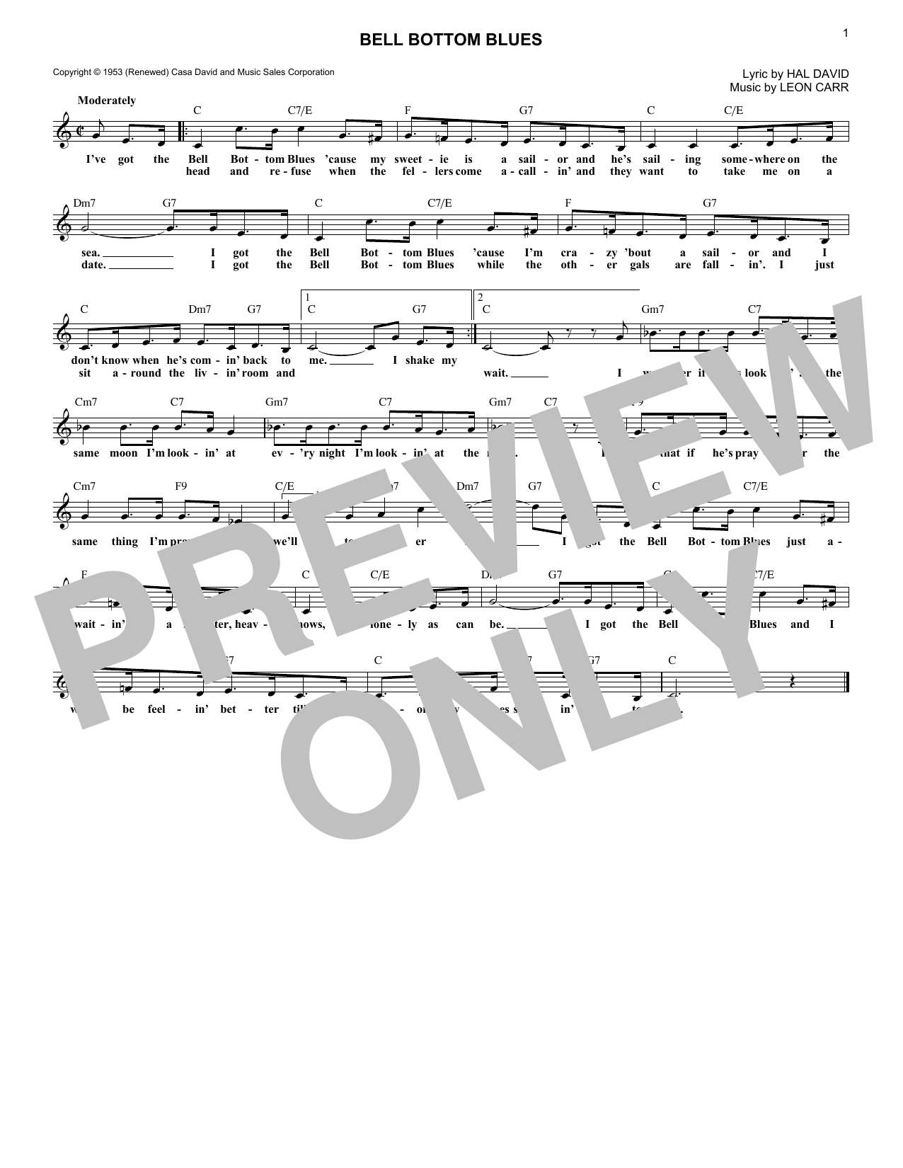 Download Hal David Bell Bottom Blues Sheet Music and learn how to play Melody Line, Lyrics & Chords PDF digital score in minutes