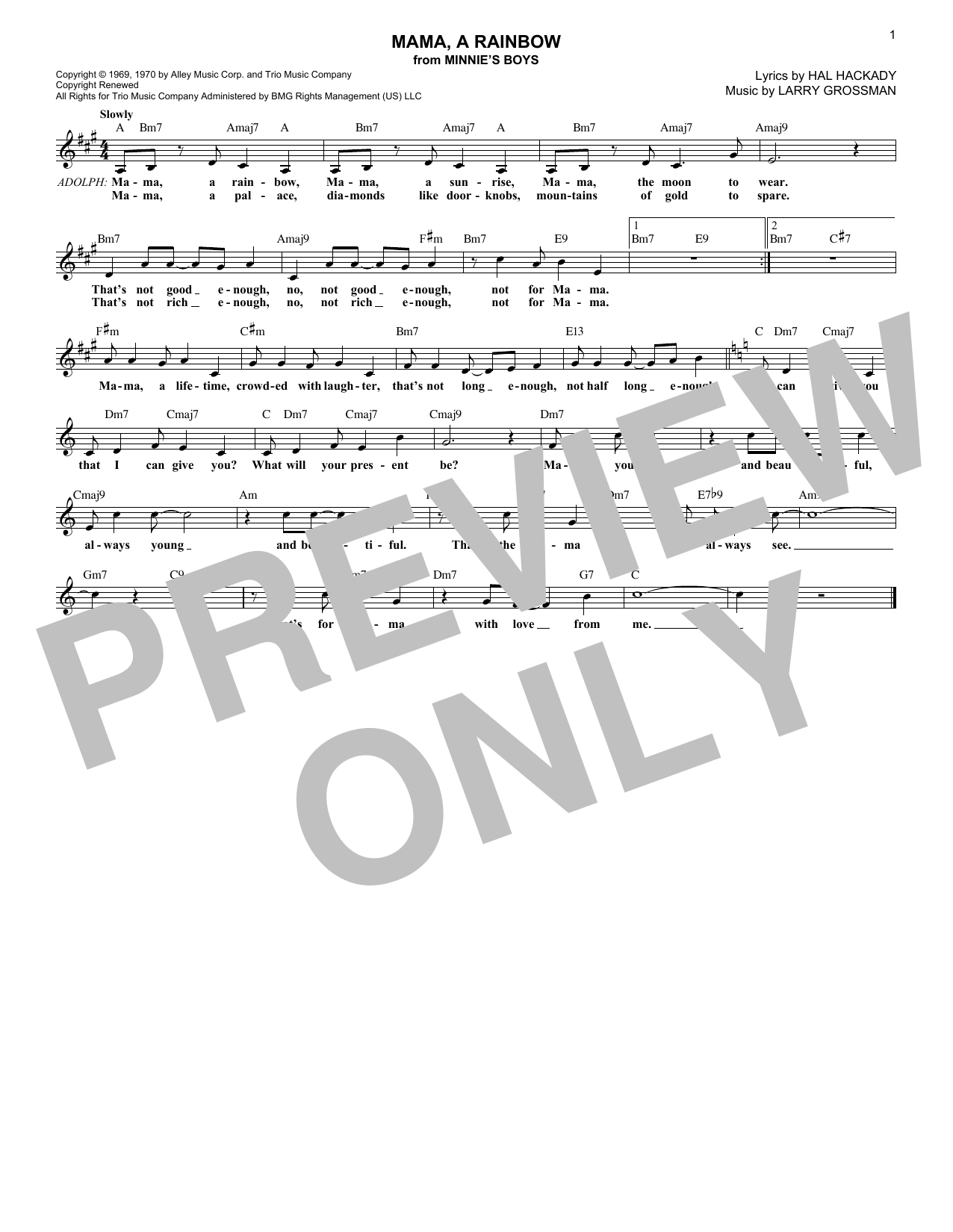 Download Hal Hackady Mama, A Rainbow (from Minnie's Boys) Sheet Music and learn how to play Lead Sheet / Fake Book PDF digital score in minutes