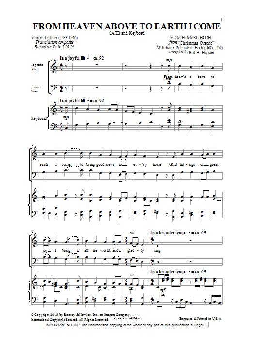 Download Hal Hopson From Heaven Above To Earth I Come Sheet Music and learn how to play SATB PDF digital score in minutes