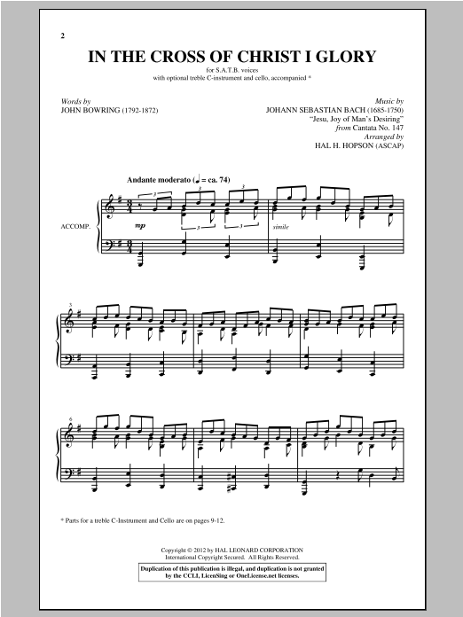 Download J.S. Bach In The Cross Of Christ I Glory (arr. Hal Hopson) Sheet Music and learn how to play SATB PDF digital score in minutes