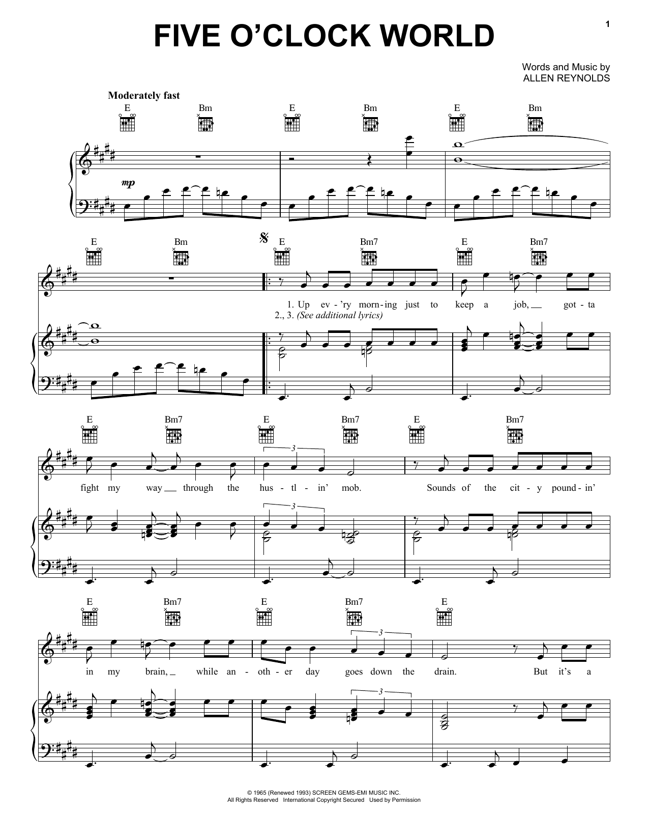 Download Hal Ketchum Five O'Clock World Sheet Music and learn how to play Piano, Vocal & Guitar Chords (Right-Hand Melody) PDF digital score in minutes