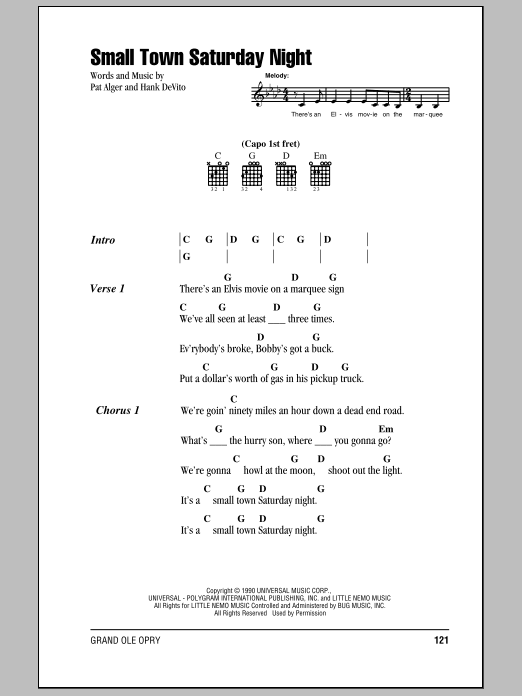 Download Hal Ketchum Small Town Saturday Night Sheet Music and learn how to play Lyrics & Chords PDF digital score in minutes