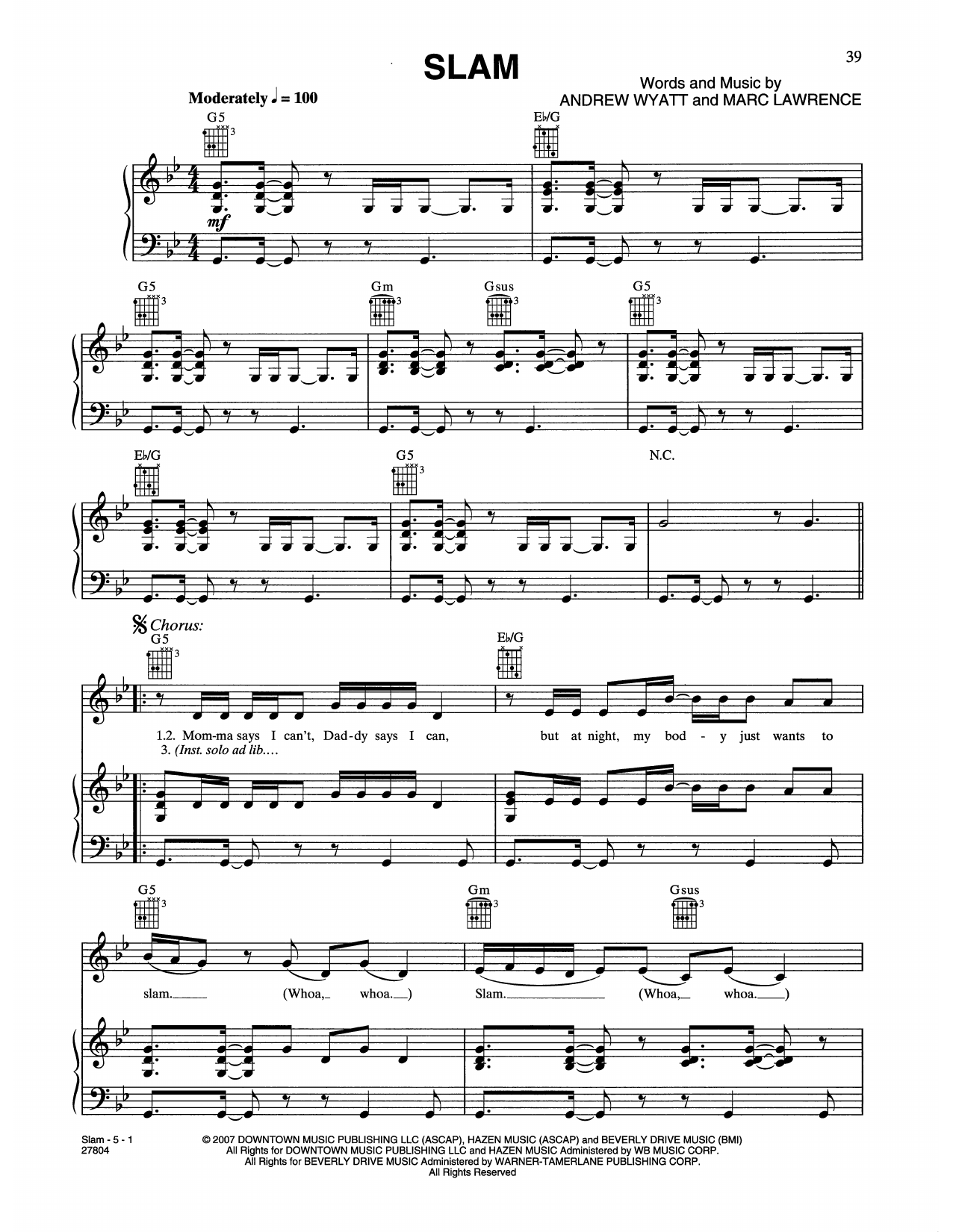 Download Haley Bennett Slam (from Music And Lyrics) Sheet Music and learn how to play Piano, Vocal & Guitar Chords (Right-Hand Melody) PDF digital score in minutes