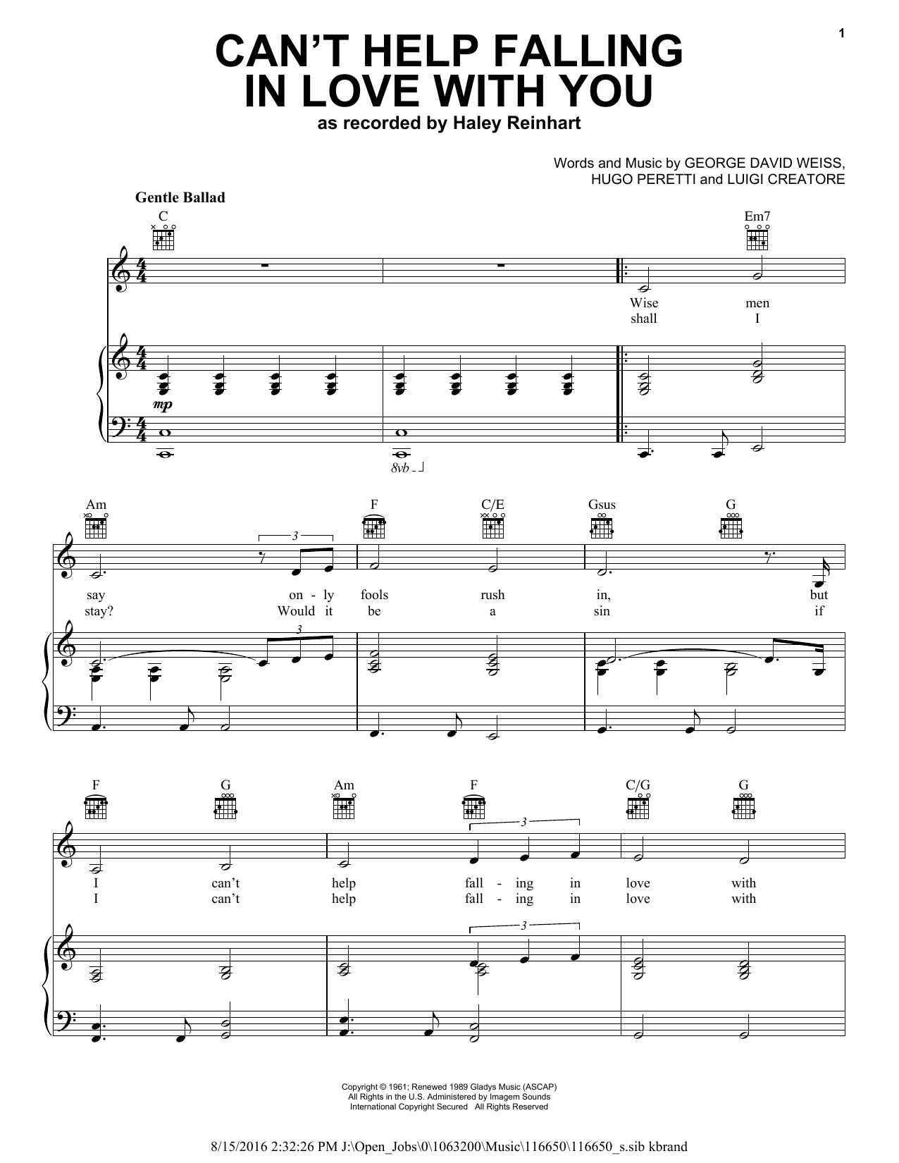 Download Haley Reinhart Can't Help Falling In Love Sheet Music and learn how to play Piano, Vocal & Guitar (Right-Hand Melody) PDF digital score in minutes
