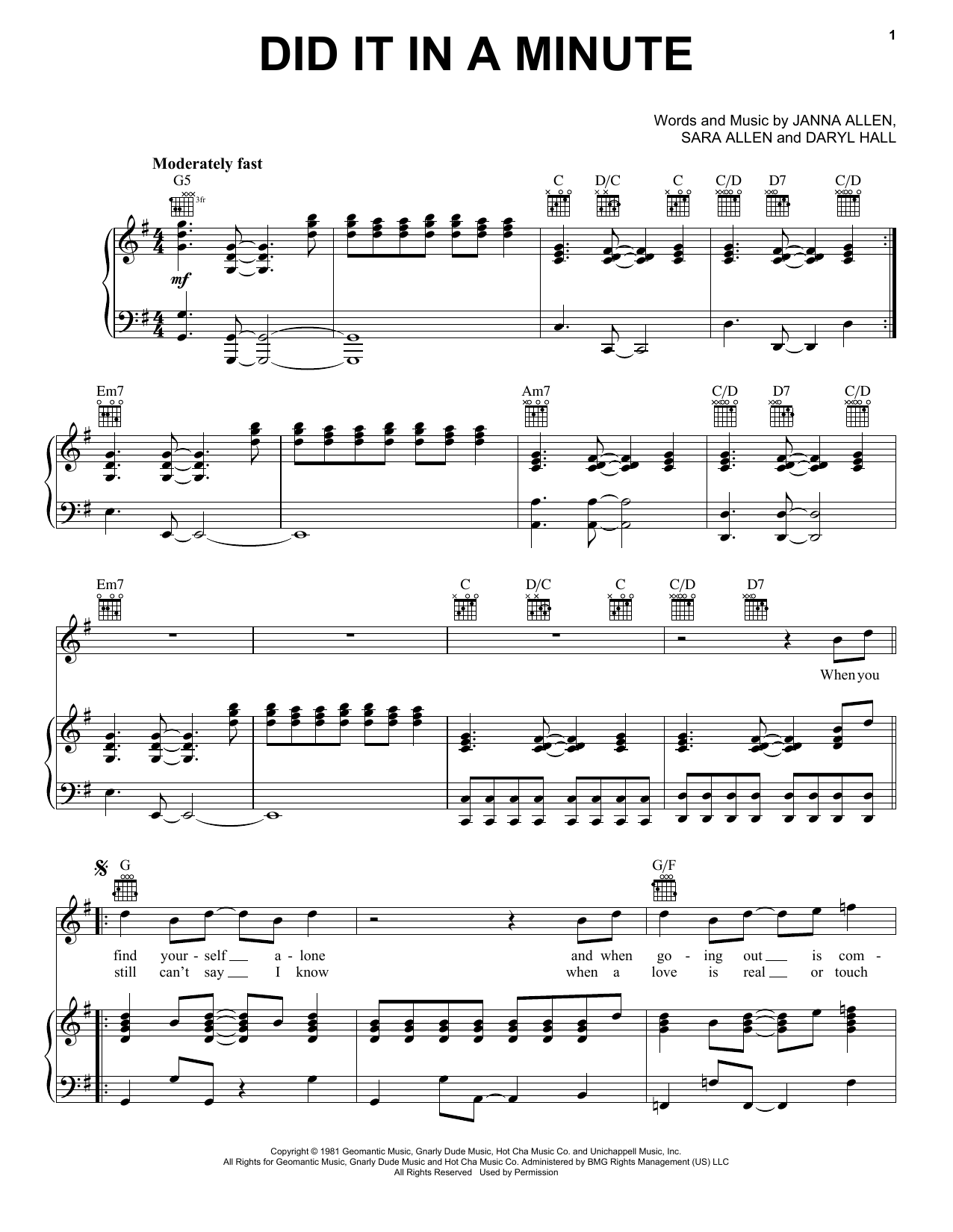 Download Hall & Oates Did It In A Minute Sheet Music and learn how to play Piano, Vocal & Guitar (Right-Hand Melody) PDF digital score in minutes