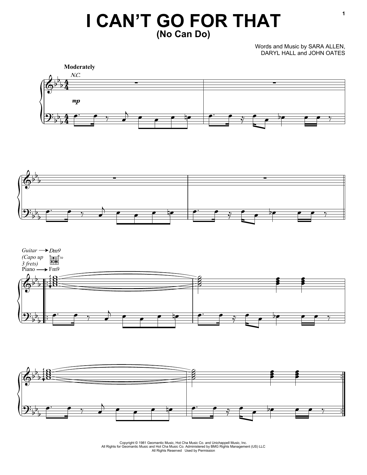 Download Hall & Oates I Can't Go For That Sheet Music and learn how to play Piano, Vocal & Guitar (Right-Hand Melody) PDF digital score in minutes