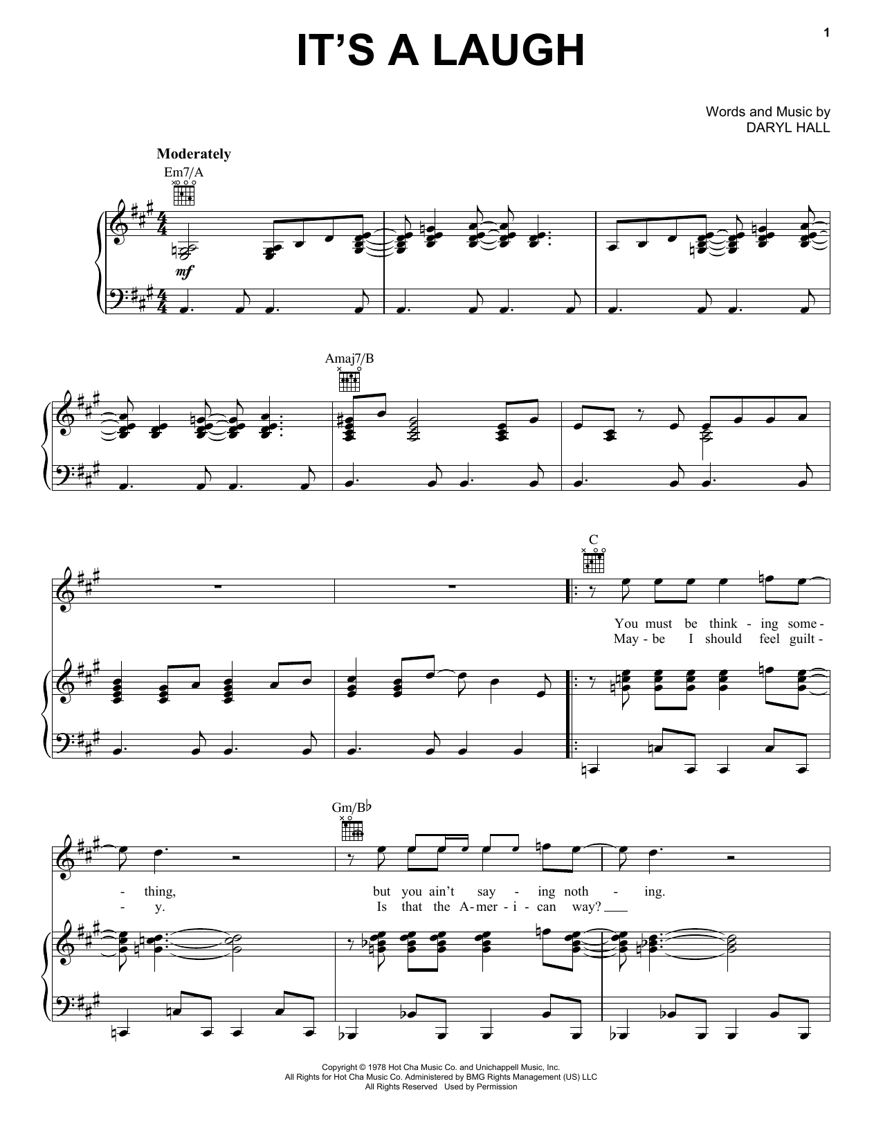 Download Hall & Oates It's A Laugh Sheet Music and learn how to play Piano, Vocal & Guitar (Right-Hand Melody) PDF digital score in minutes