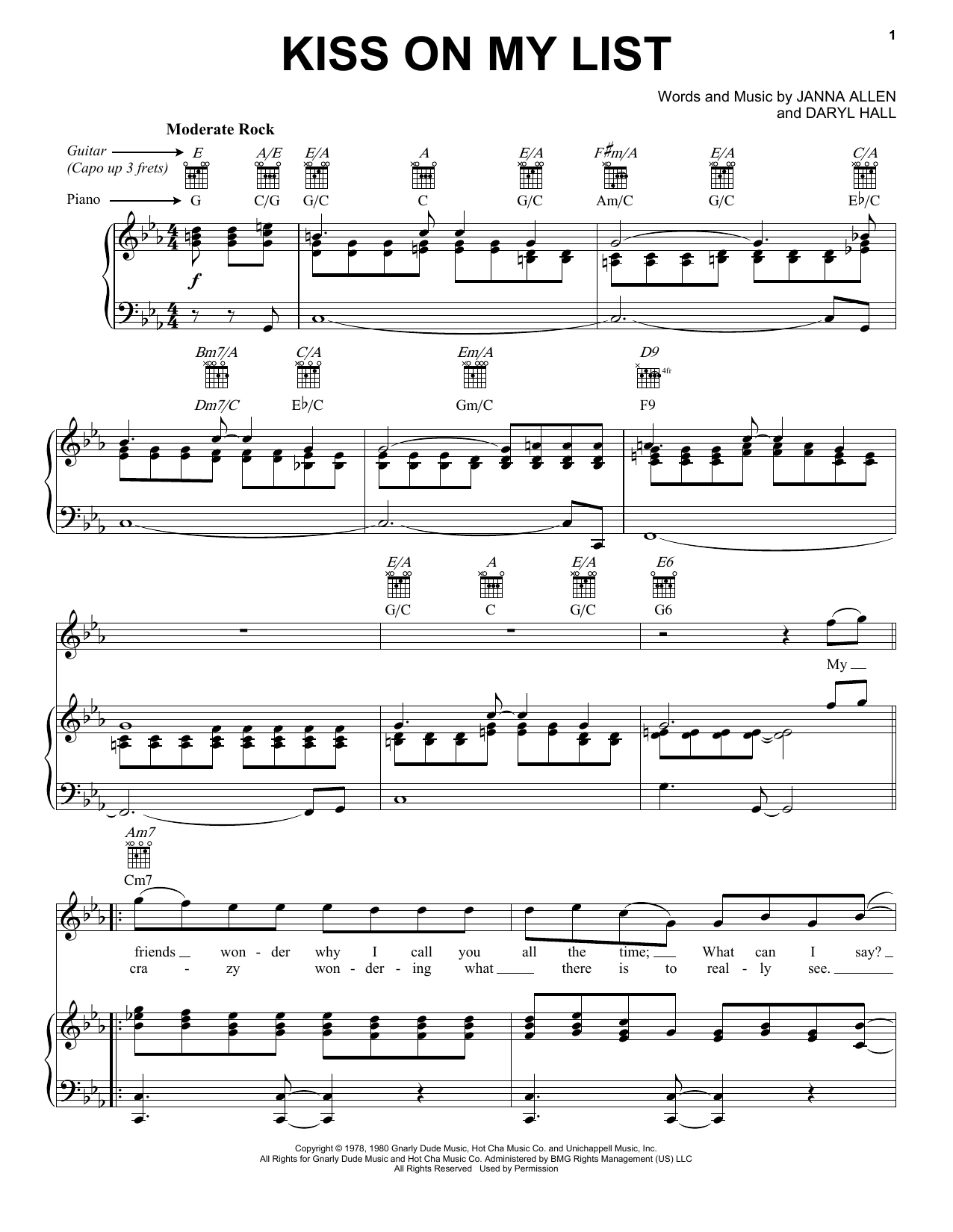 Download Hall & Oates Kiss On My List Sheet Music and learn how to play Melody Line, Lyrics & Chords PDF digital score in minutes