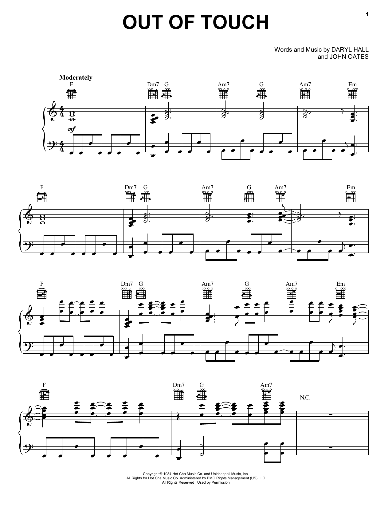 Download Hall & Oates Out Of Touch Sheet Music and learn how to play Piano, Vocal & Guitar (Right-Hand Melody) PDF digital score in minutes
