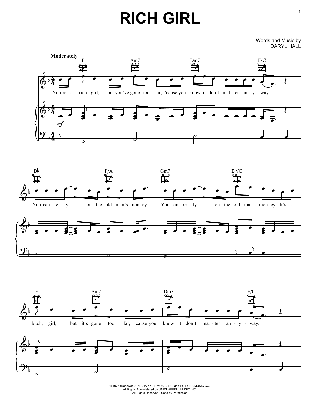 Download Hall & Oates Rich Girl Sheet Music and learn how to play Piano, Vocal & Guitar (Right-Hand Melody) PDF digital score in minutes
