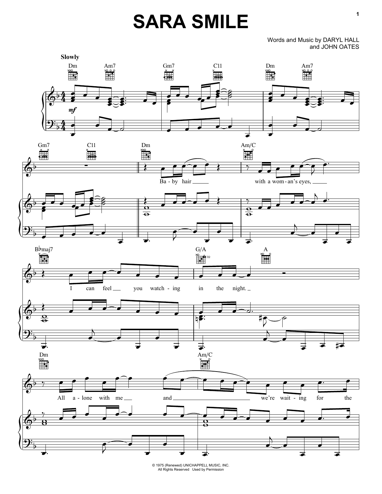 Download Hall & Oates Sara Smile Sheet Music and learn how to play Lyrics & Chords PDF digital score in minutes