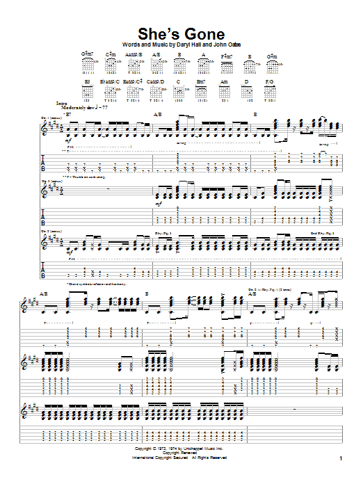 Download Hall & Oates She's Gone Sheet Music and learn how to play Guitar Tab PDF digital score in minutes