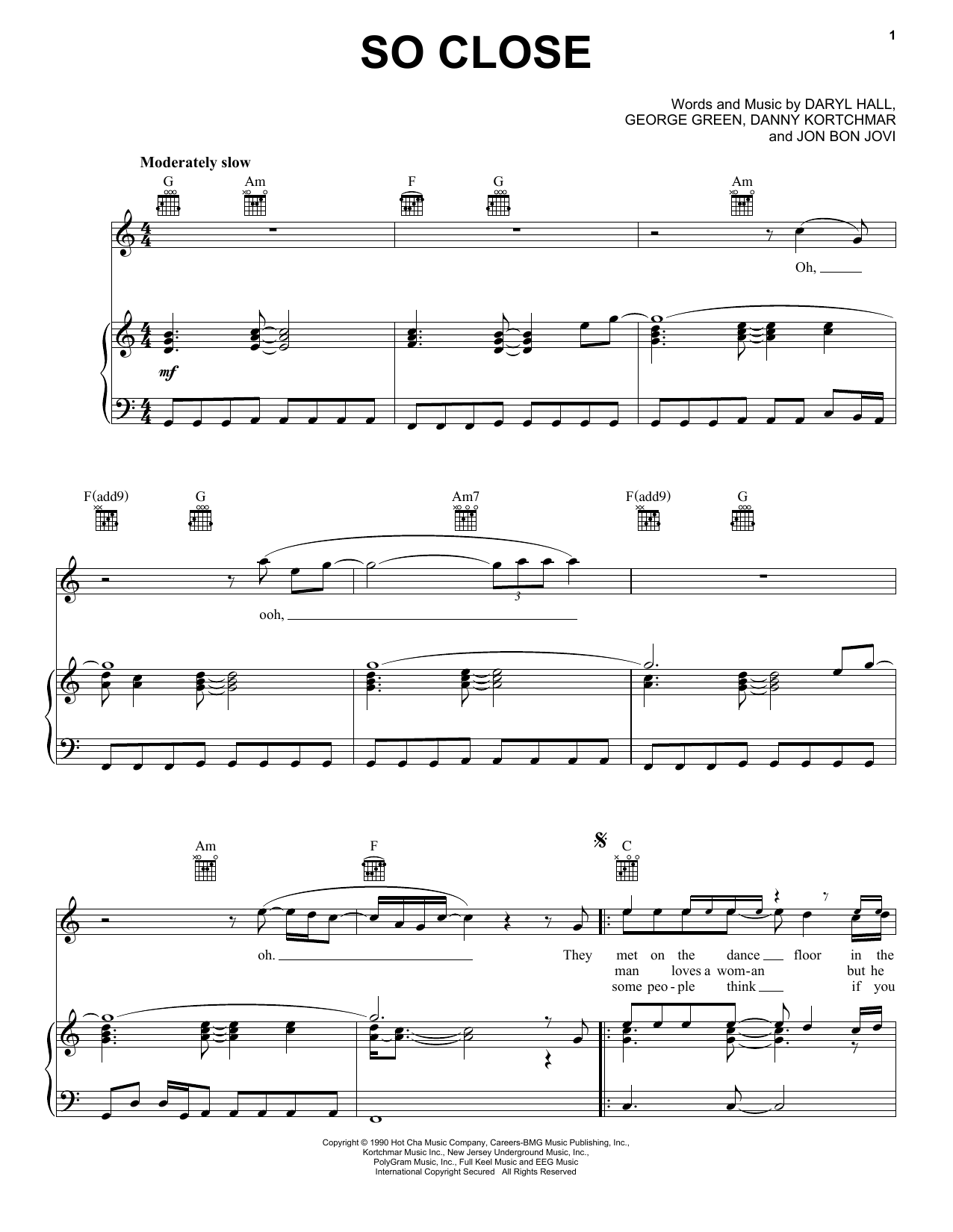 Download Hall & Oates So Close Sheet Music and learn how to play Piano, Vocal & Guitar Chords (Right-Hand Melody) PDF digital score in minutes