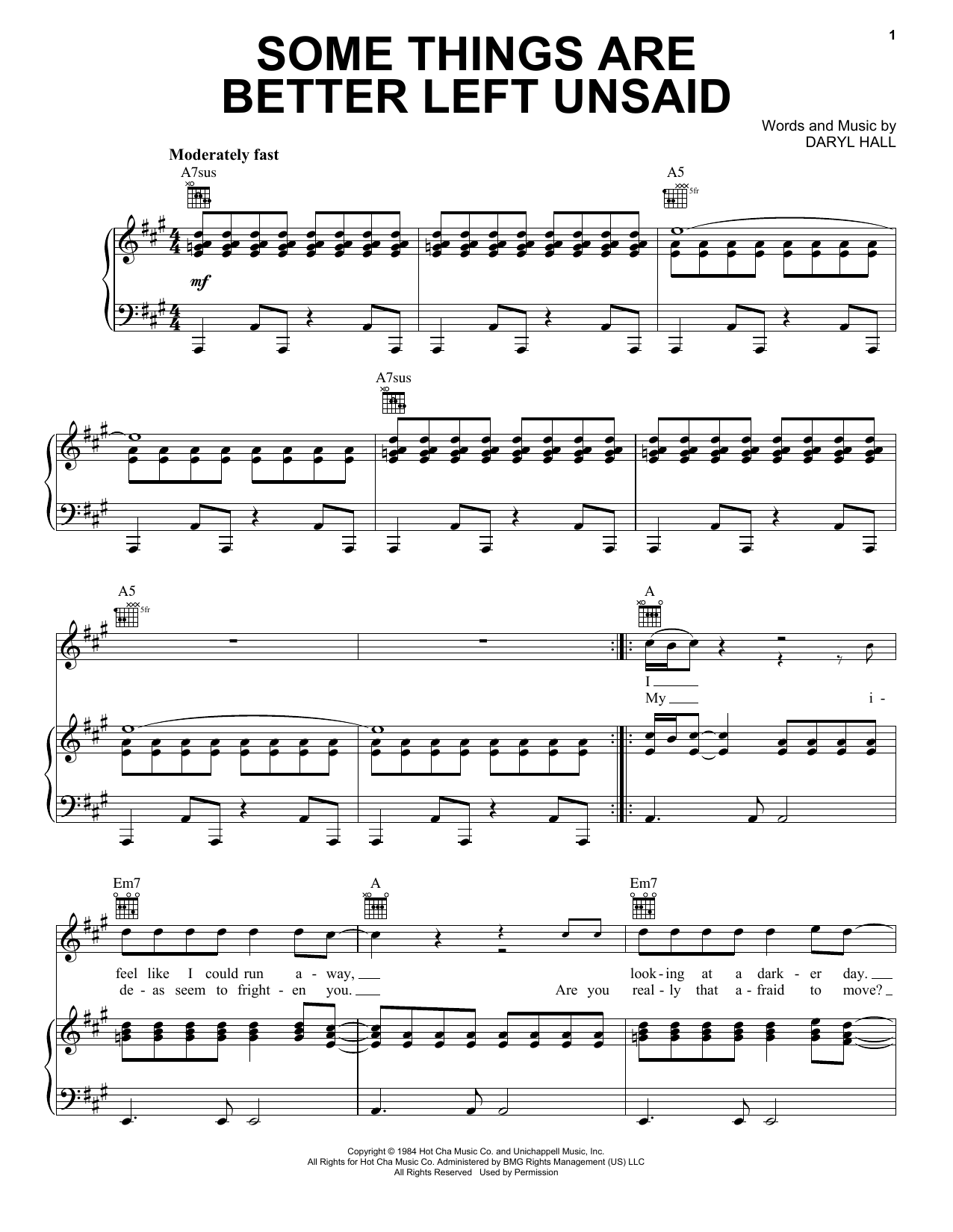 Download Hall & Oates Some Things Are Better Left Unsaid Sheet Music and learn how to play Piano, Vocal & Guitar (Right-Hand Melody) PDF digital score in minutes