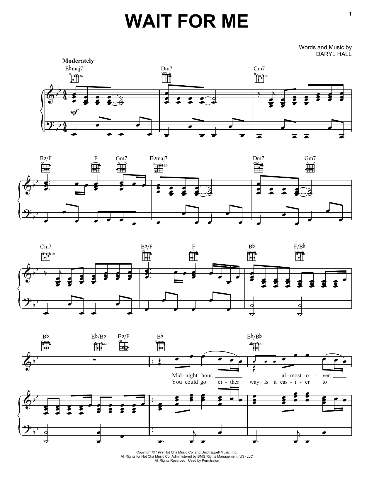 Download Hall & Oates Wait For Me Sheet Music and learn how to play Piano, Vocal & Guitar (Right-Hand Melody) PDF digital score in minutes