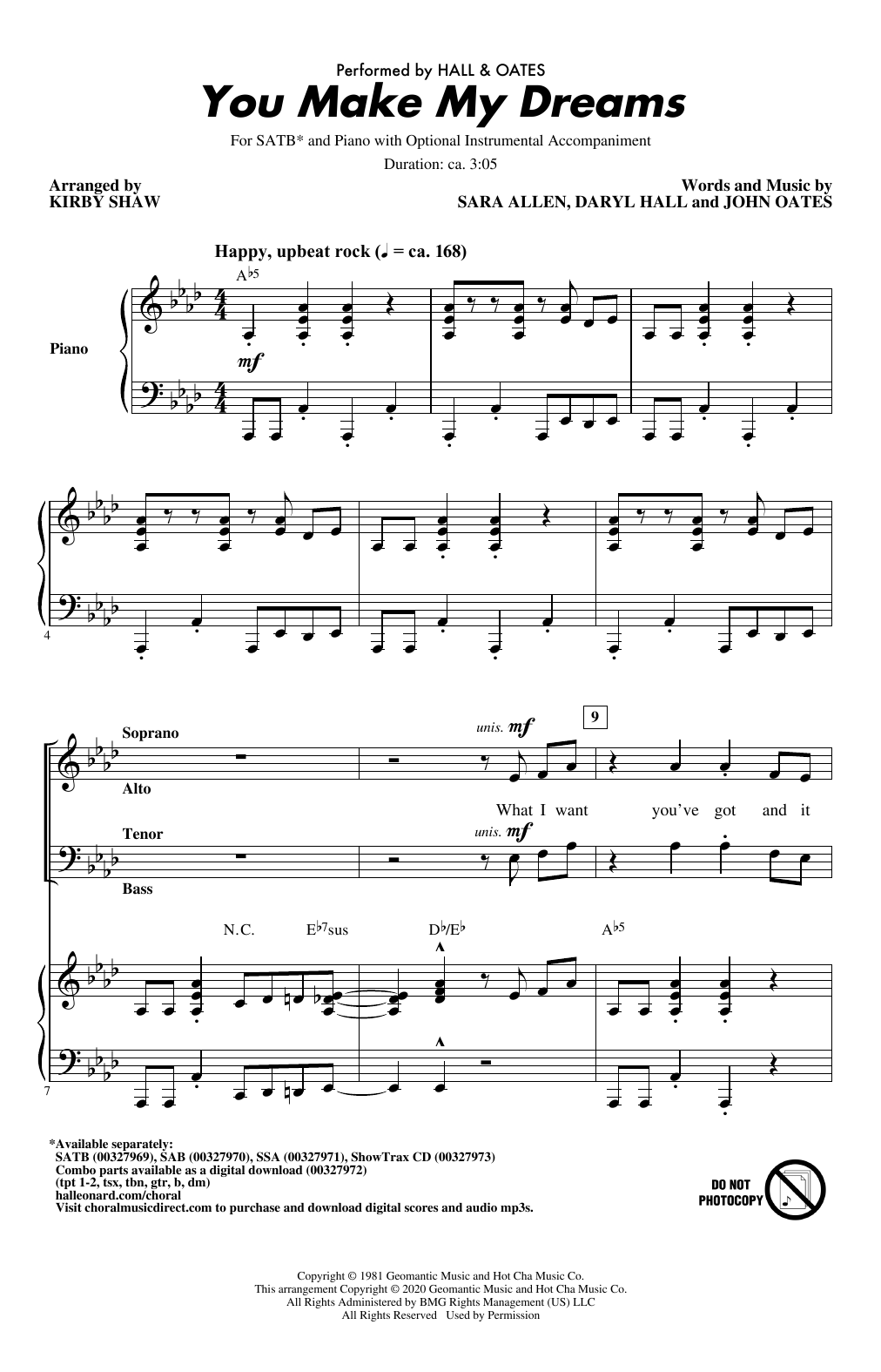 Download Hall & Oates You Make My Dreams (arr. Kirby Shaw) Sheet Music and learn how to play SATB Choir PDF digital score in minutes