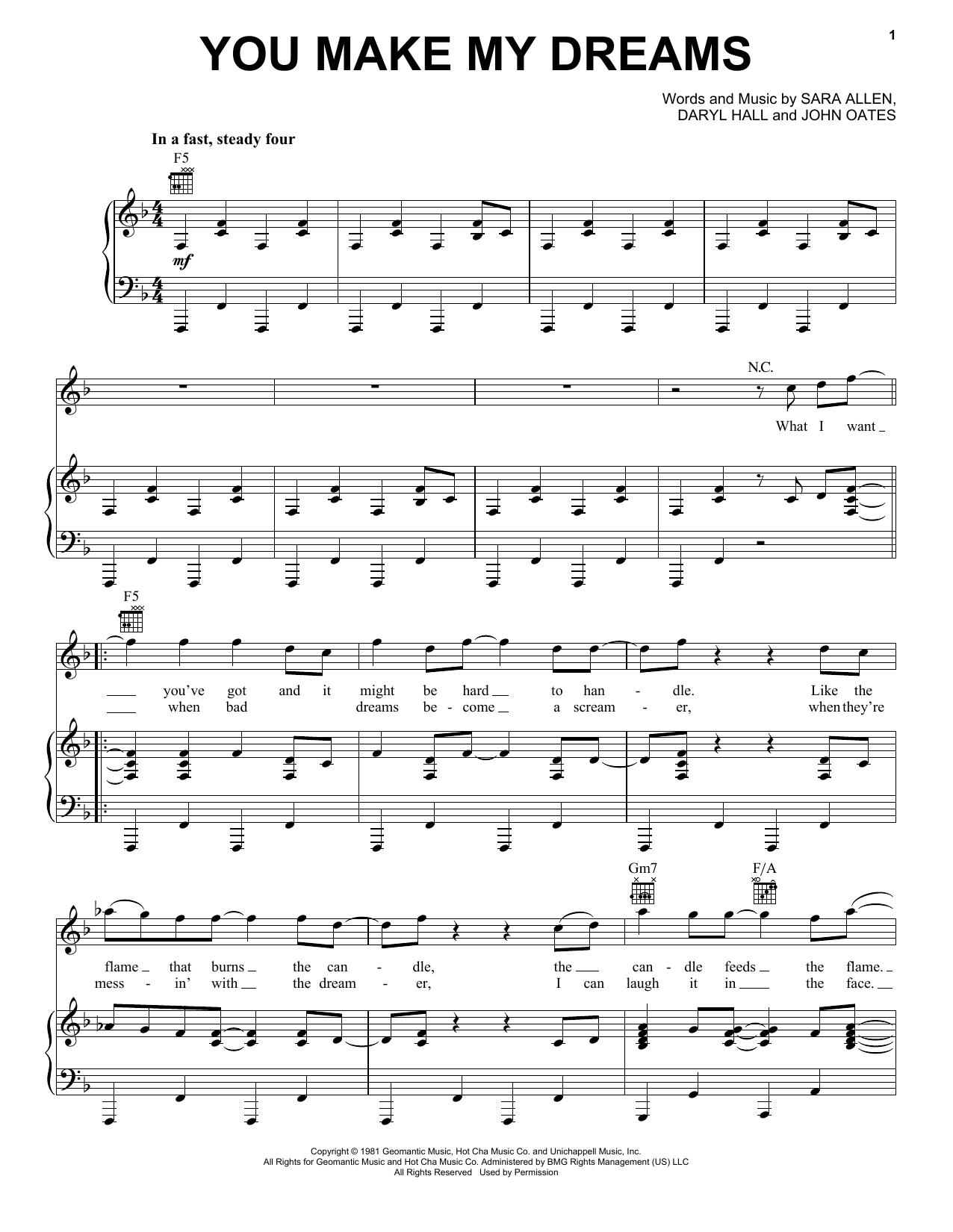 Download Hall & Oates You Make My Dreams Sheet Music and learn how to play Piano, Vocal & Guitar (Right-Hand Melody) PDF digital score in minutes