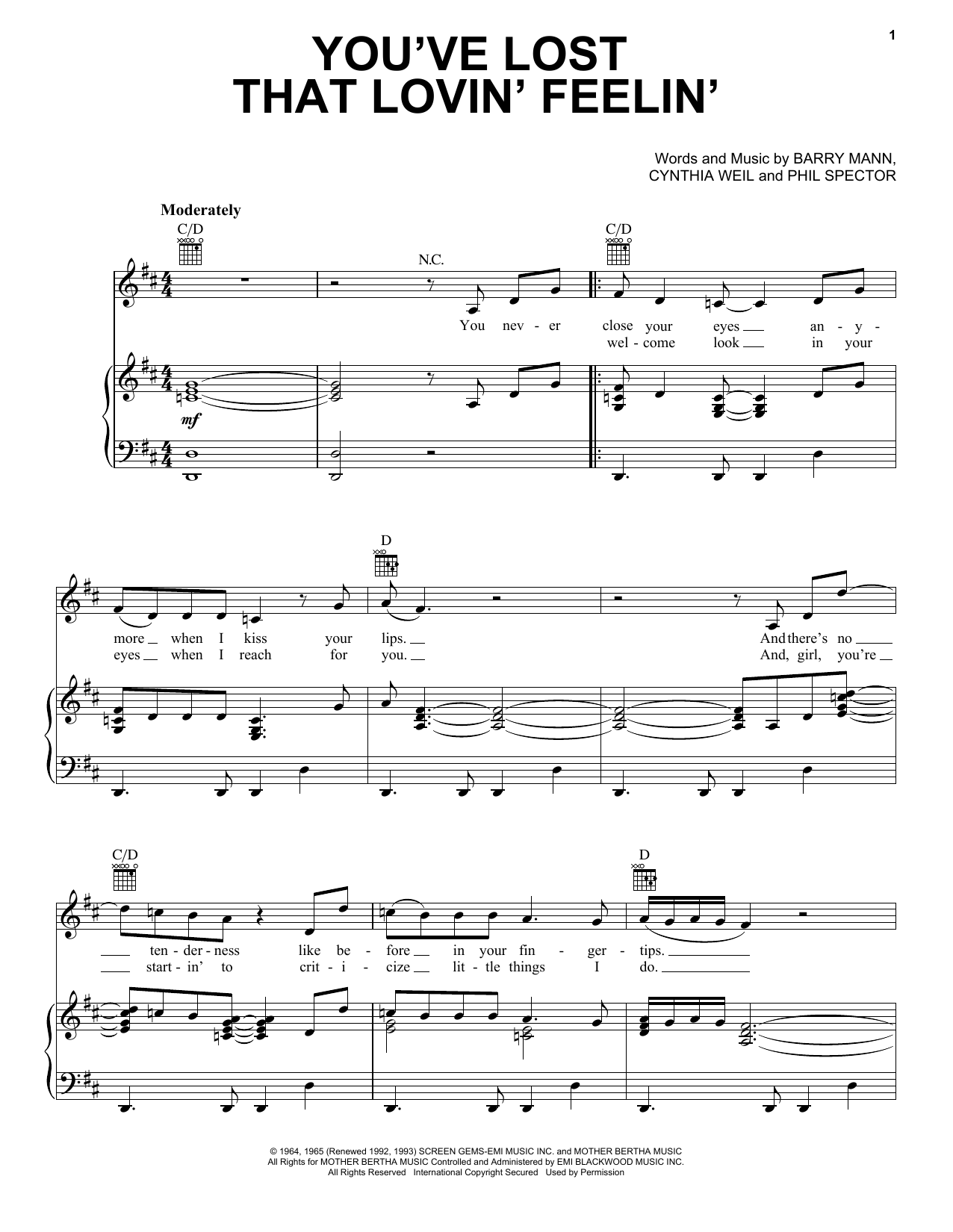 Download Hall & Oates You've Lost That Lovin' Feelin' Sheet Music and learn how to play Piano, Vocal & Guitar (Right-Hand Melody) PDF digital score in minutes