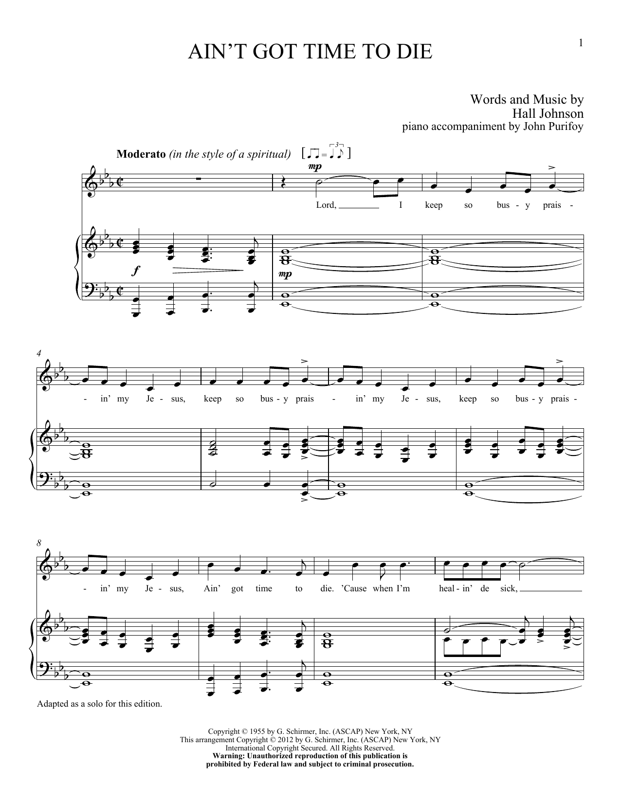 Download Hall Johnson Ain't Got Time to Die Sheet Music and learn how to play Piano & Vocal PDF digital score in minutes