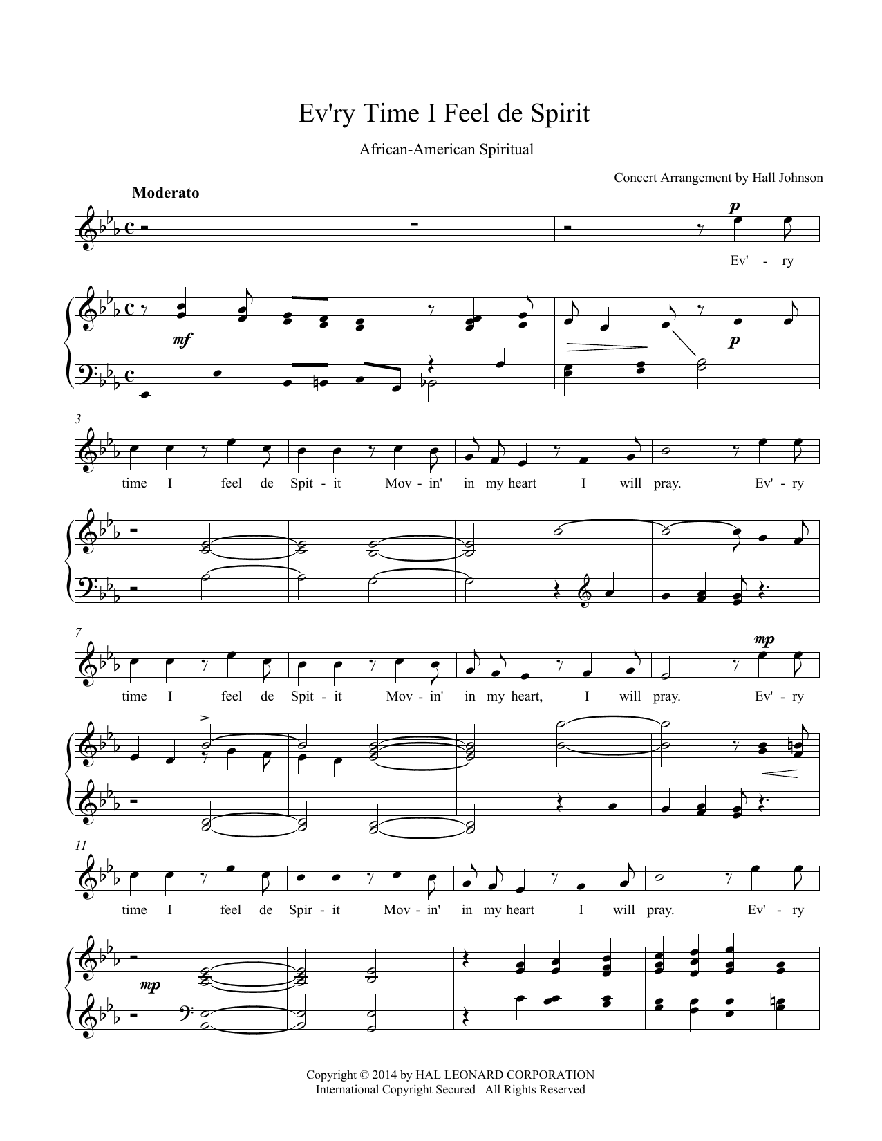 Download Hall Johnson Ev'ry Time I Feel de Spirit (E-flat) Sheet Music and learn how to play Piano & Vocal PDF digital score in minutes