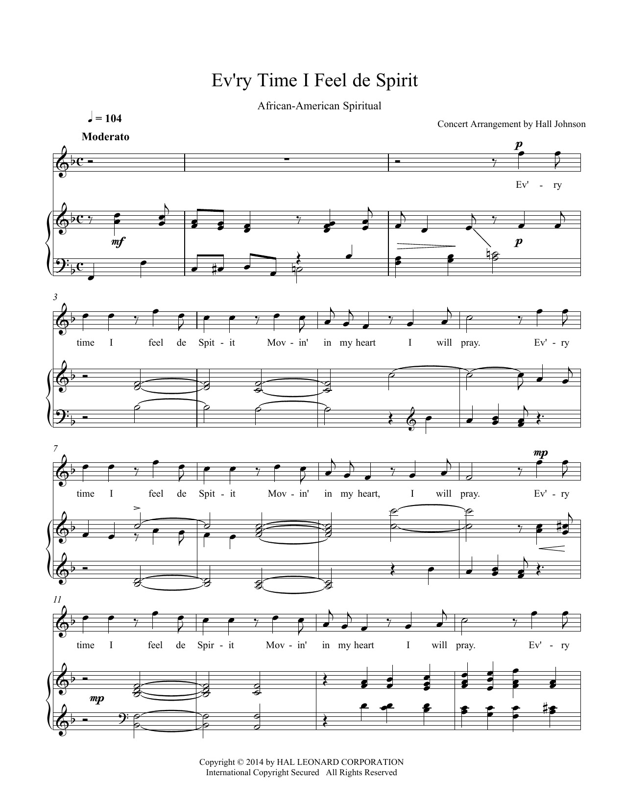 Download Hall Johnson Ev'ry Time I Feel de Spirit (F) Sheet Music and learn how to play Piano & Vocal PDF digital score in minutes