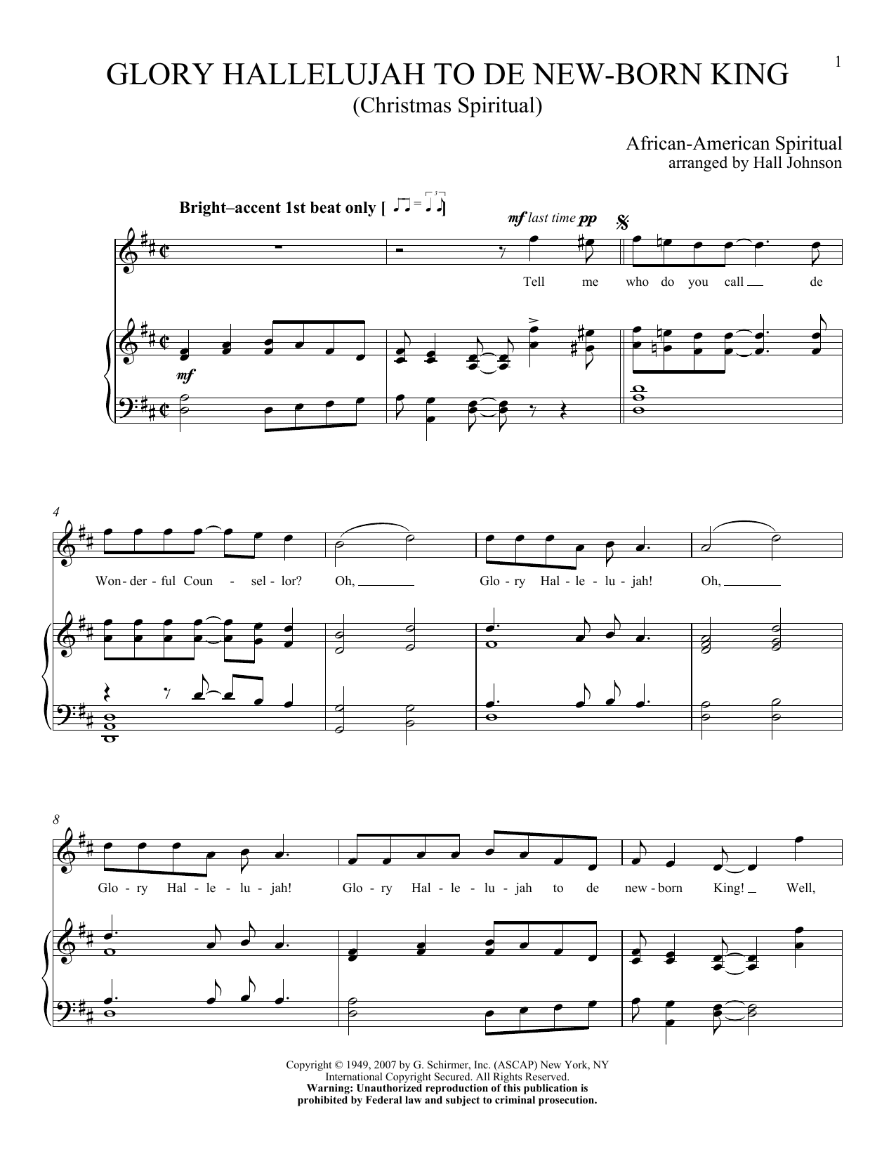 Download Hall Johnson Glory Hallelujah To De New-born King Sheet Music and learn how to play Piano & Vocal PDF digital score in minutes