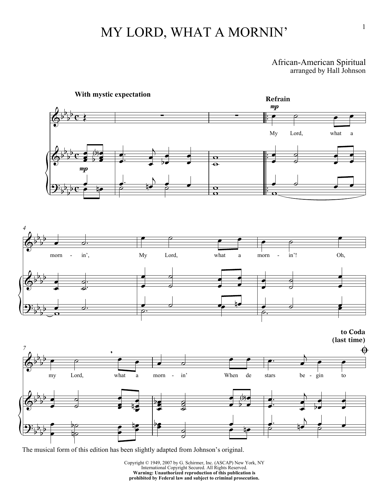 Download Hall Johnson My Lord What A Mornin' Sheet Music and learn how to play Piano & Vocal PDF digital score in minutes