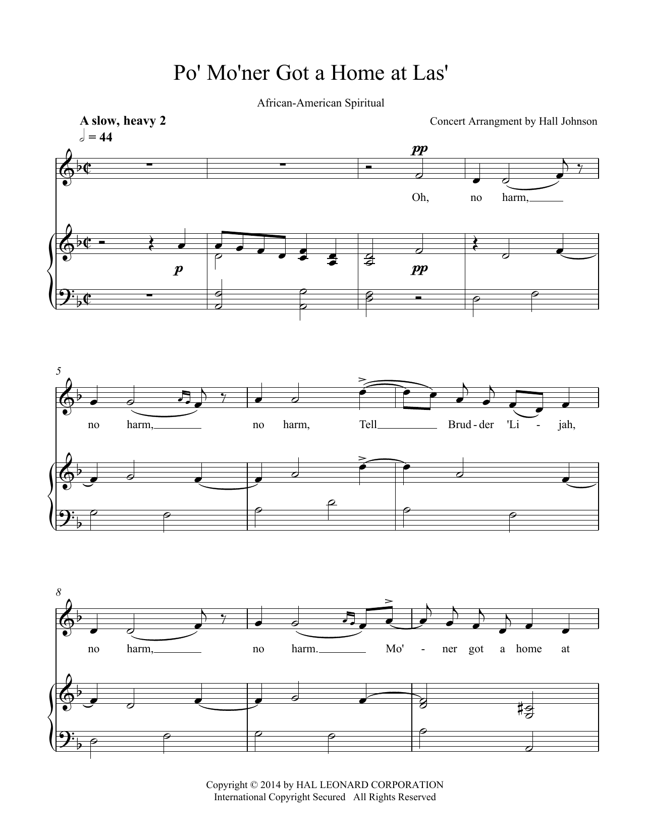 Download Hall Johnson Po' Mo'ner Got a Home at Las' (D minor) Sheet Music and learn how to play Piano & Vocal PDF digital score in minutes