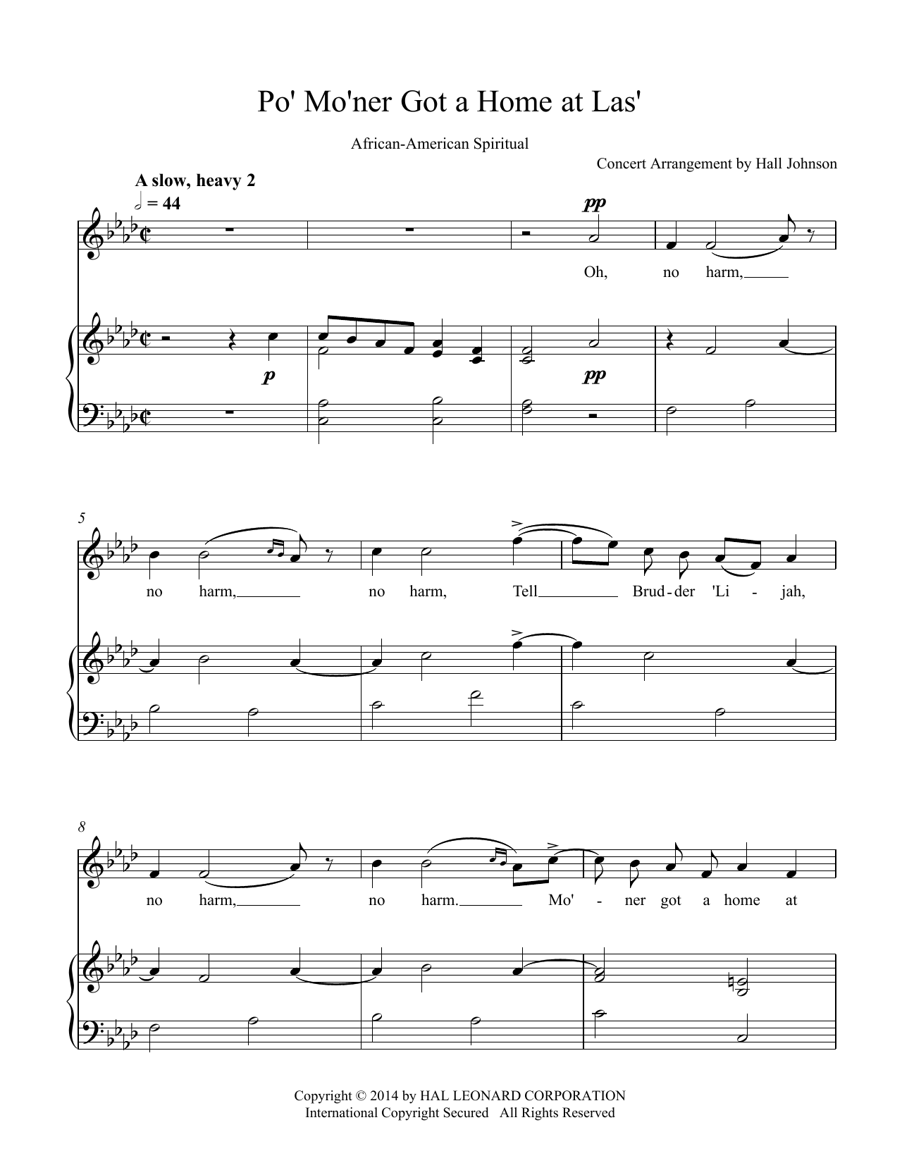 Download Hall Johnson Po' Mo'ner Got a Home at Las' (F minor) Sheet Music and learn how to play Piano & Vocal PDF digital score in minutes