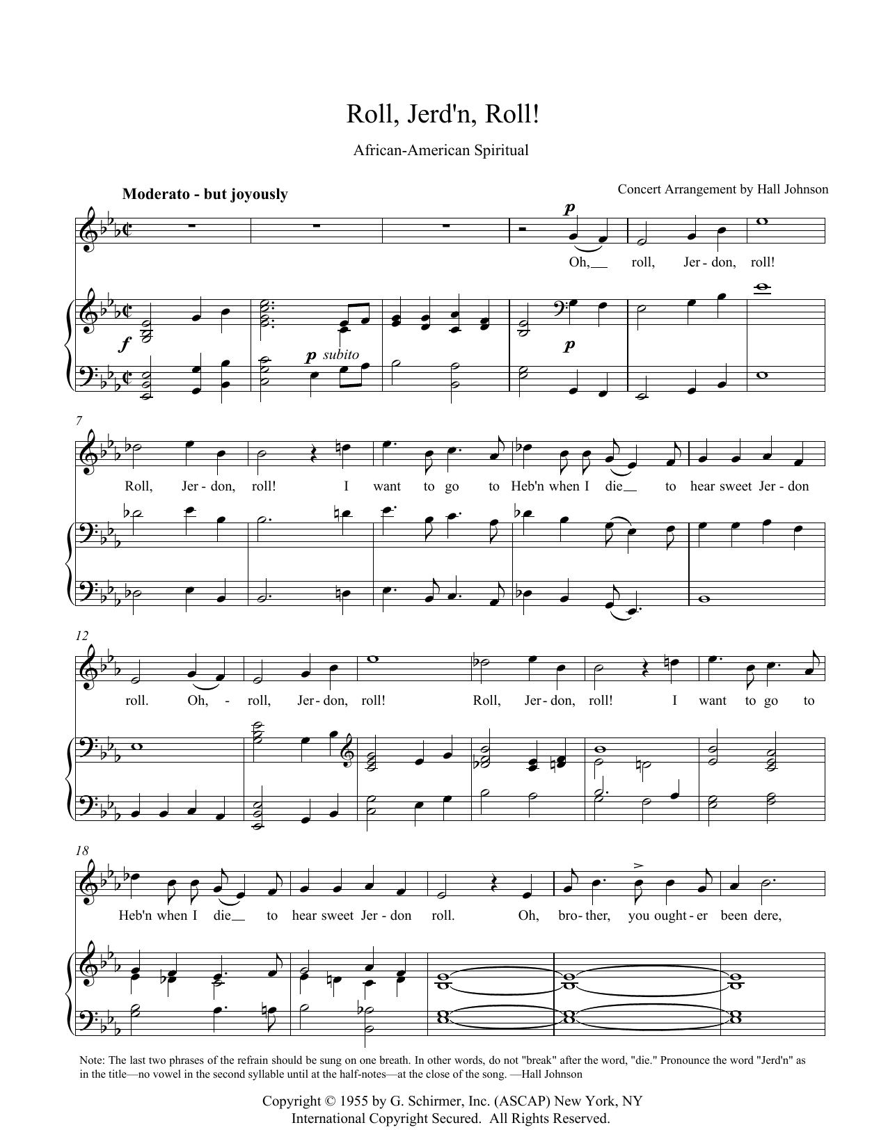 Download Hall Johnson Roll, Jordan Roll (E-flat) Sheet Music and learn how to play Piano & Vocal PDF digital score in minutes