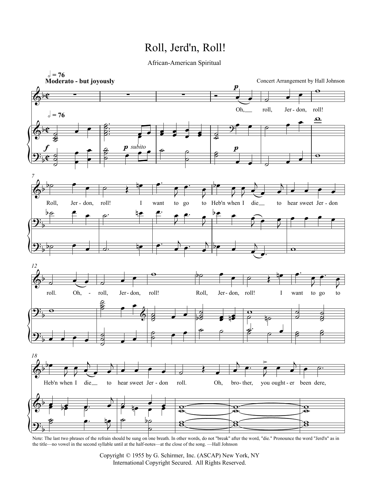 Download Hall Johnson Roll, Jordan Roll (F) Sheet Music and learn how to play Piano & Vocal PDF digital score in minutes