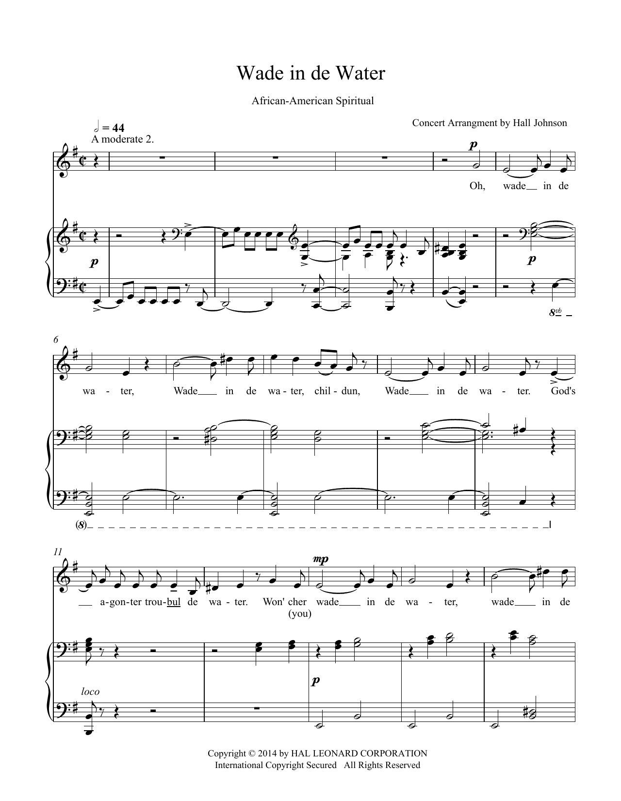 Download Hall Johnson Wade in de Water (E minor) Sheet Music and learn how to play Piano & Vocal PDF digital score in minutes