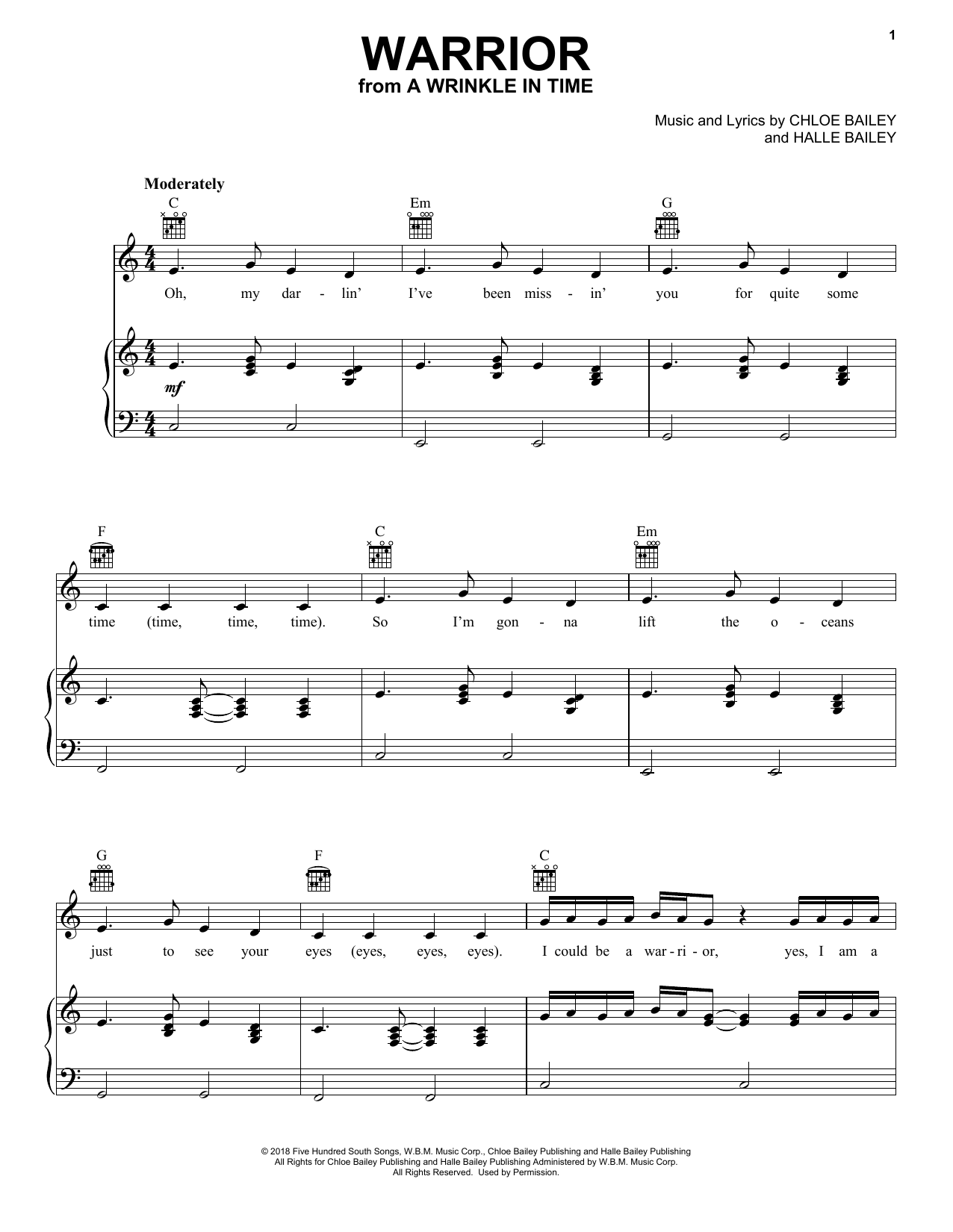 Download Halle Bailey Warrior (from A Wrinkle In Time) Sheet Music and learn how to play Piano, Vocal & Guitar (Right-Hand Melody) PDF digital score in minutes
