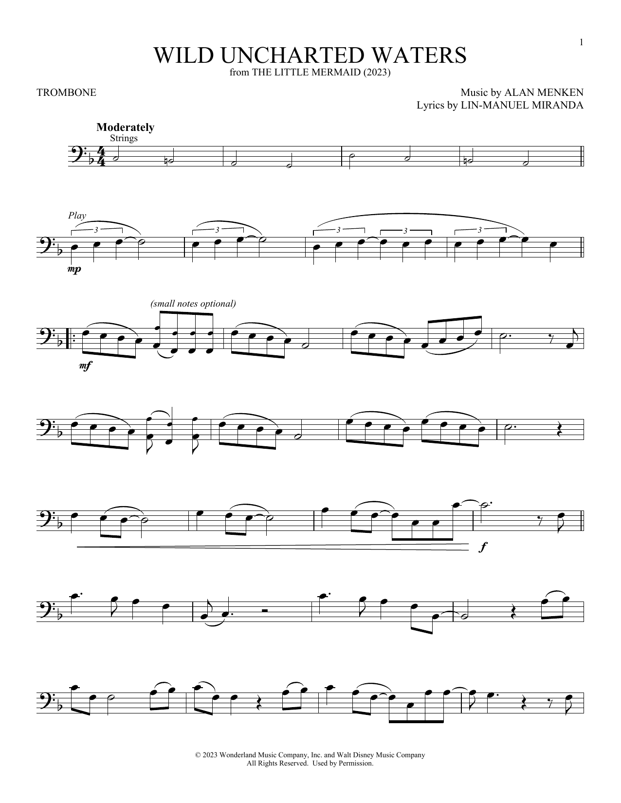 Download Halle Bailey Wild Uncharted Waters (from The Little Mermaid) (2023) Sheet Music and learn how to play Trombone Solo PDF digital score in minutes