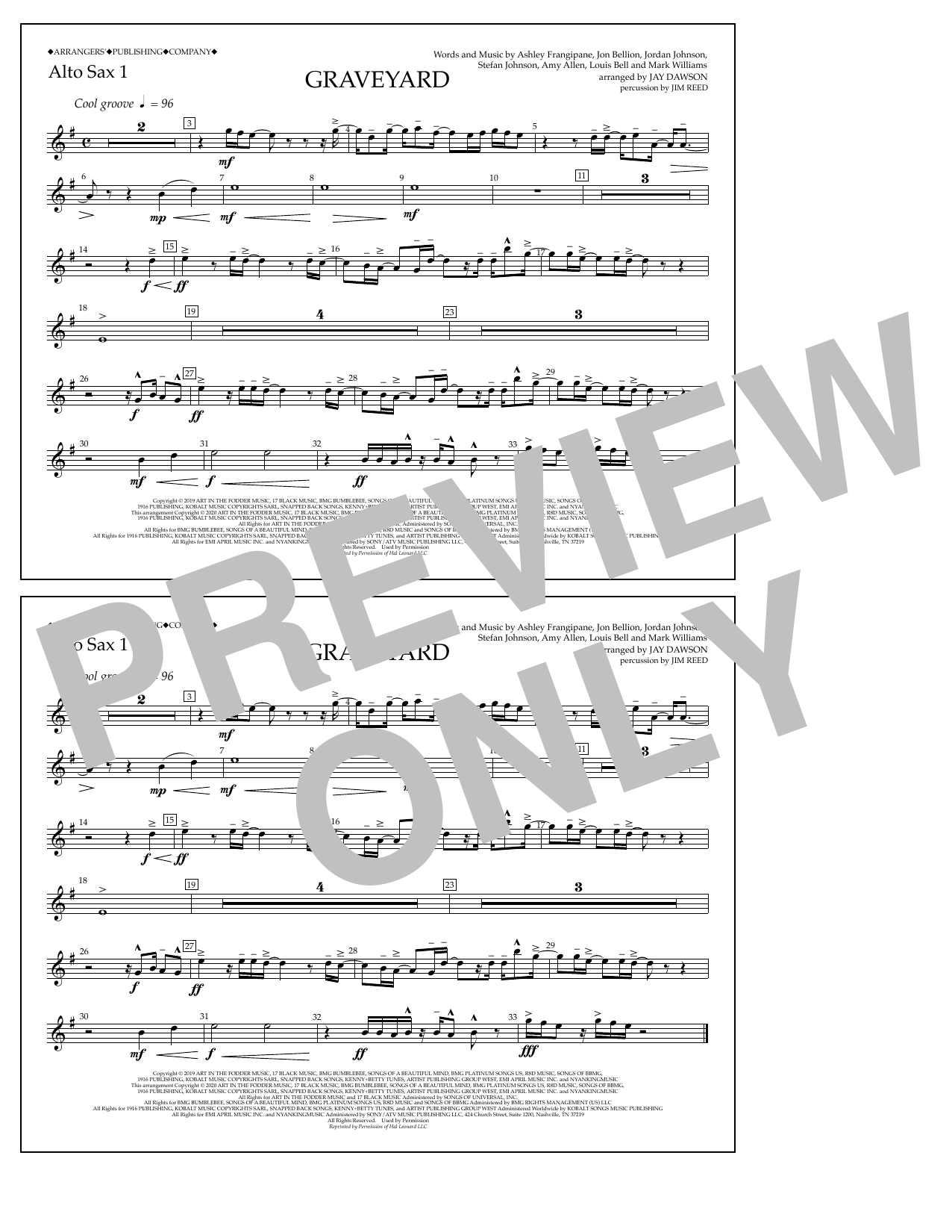 Download Halsey Graveyard (arr. Jay Dawson) - Alto Sax 1 Sheet Music and learn how to play Marching Band PDF digital score in minutes