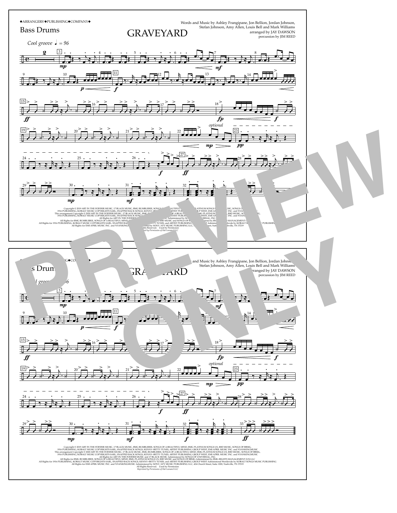 Download Halsey Graveyard (arr. Jay Dawson) - Bass Drums Sheet Music and learn how to play Marching Band PDF digital score in minutes