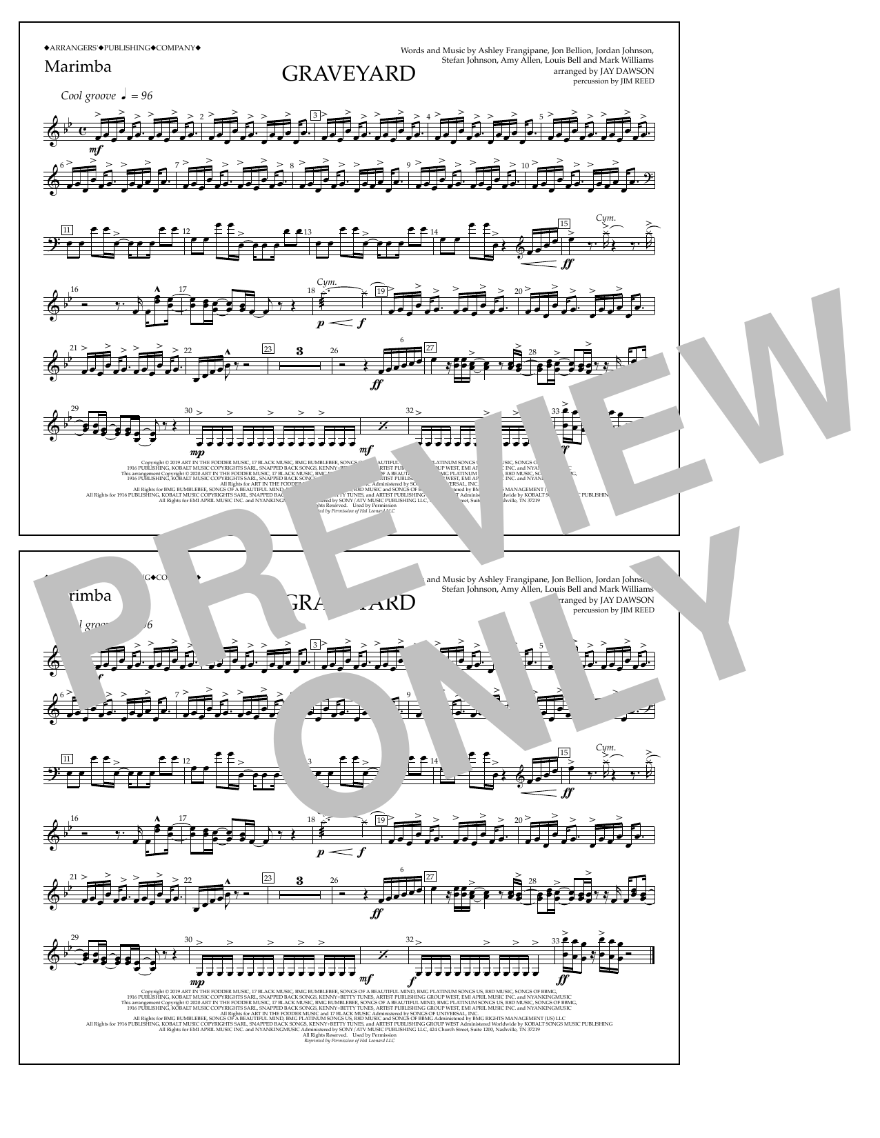 Download Halsey Graveyard (arr. Jay Dawson) - Marimba Sheet Music and learn how to play Marching Band PDF digital score in minutes