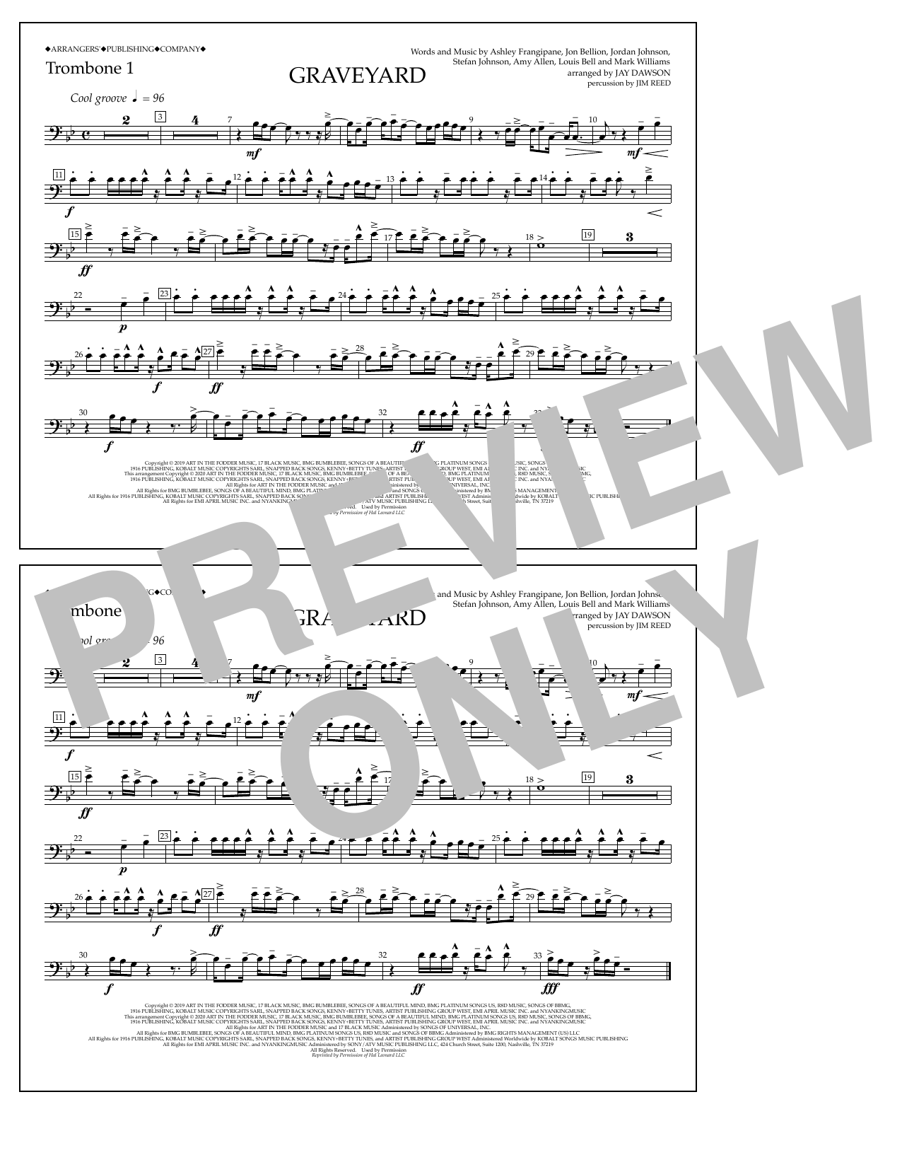 Download Halsey Graveyard (arr. Jay Dawson) - Trombone 1 Sheet Music and learn how to play Marching Band PDF digital score in minutes