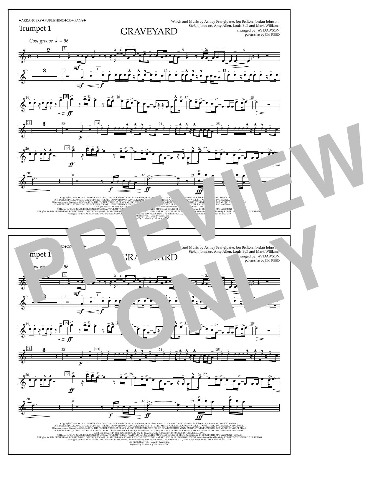 Download Halsey Graveyard (arr. Jay Dawson) - Trumpet 1 Sheet Music and learn how to play Marching Band PDF digital score in minutes