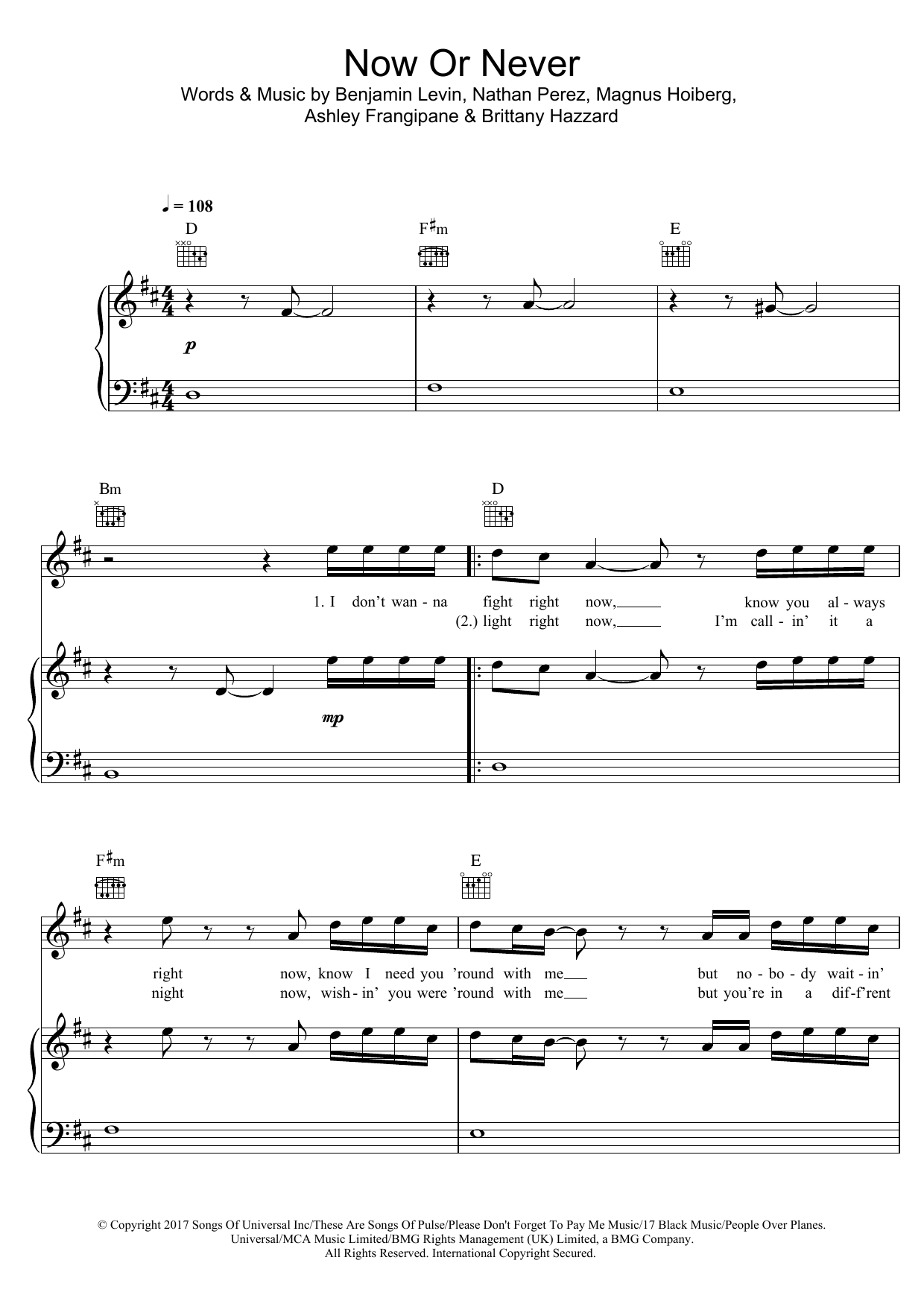 Download Halsey Now Or Never Sheet Music and learn how to play Piano, Vocal & Guitar (Right-Hand Melody) PDF digital score in minutes
