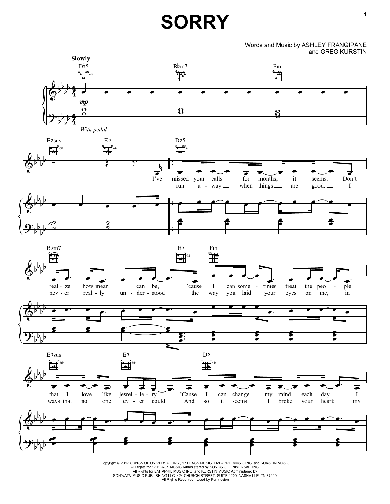 Download Halsey Sorry Sheet Music and learn how to play Piano, Vocal & Guitar Chords (Right-Hand Melody) PDF digital score in minutes